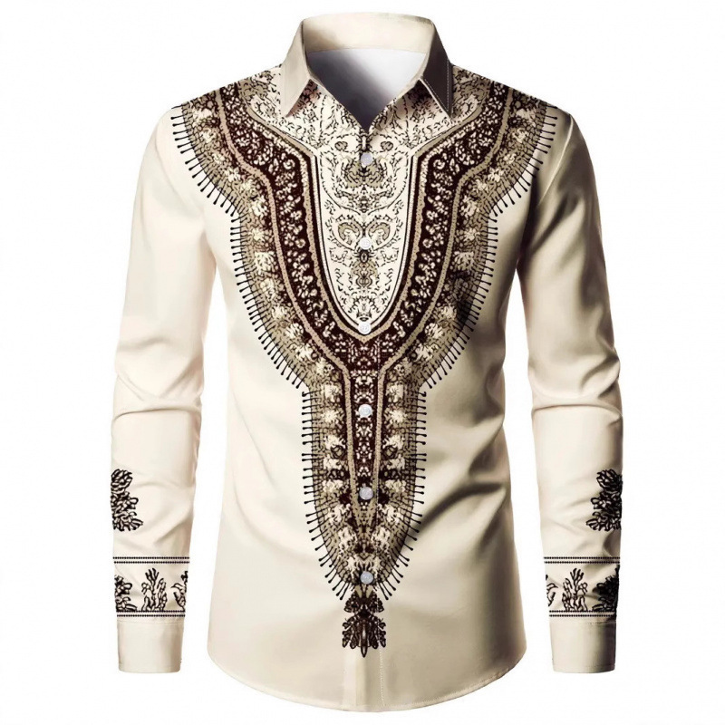 Manufacturer Cross-Border Simple Men's Long-Sleeved Shirt Retro Ethnic Style Stripesd Spring and Autum 3D Digital Printing Top