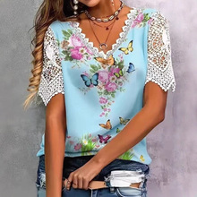 2025跨境优雅蕾丝拼接时尚女士彩色花蝴蝶花卉印花短袖T恤