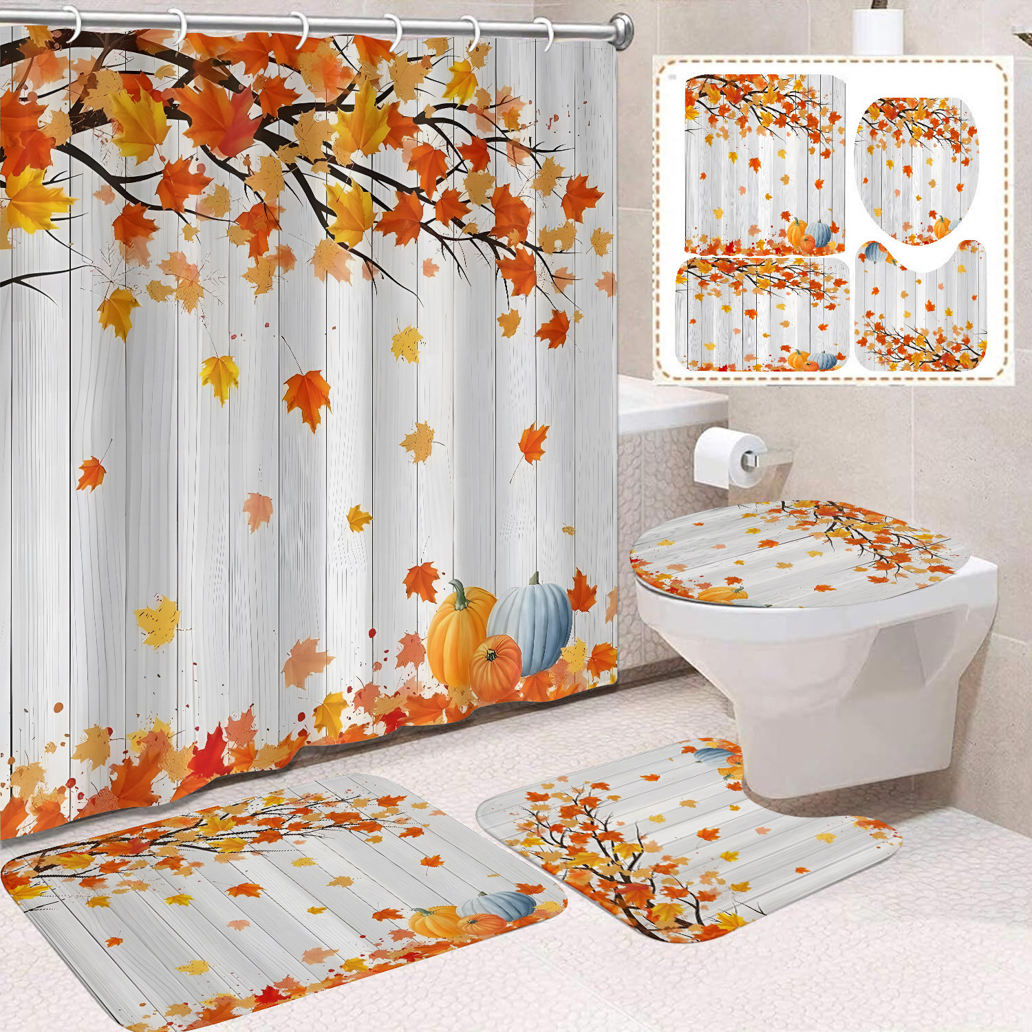 Cortina de ducha de Acción de Gracias, cosecha de otoño, serie de calabaza, cortina de ducha, cortina de baño, cortina de baño impermeable de poliéster, cortina de baño de cuatro piezas image 14