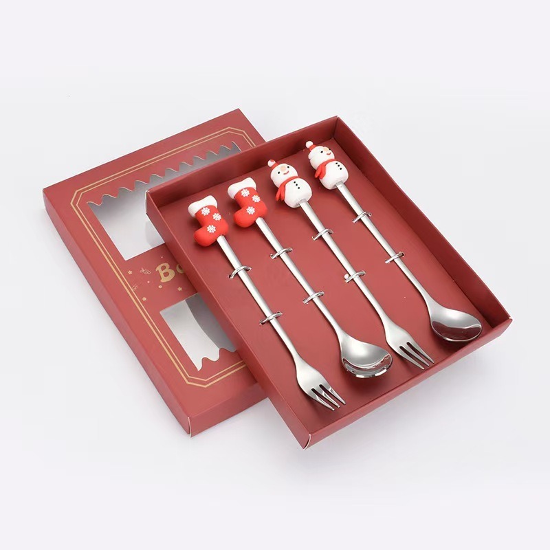 Cucharas de acero inoxidable transfronterizas muñecas de Papá Noel cubiertos cajas de regalo caseras de café mezclador cucharas de postre horquilla de frutas