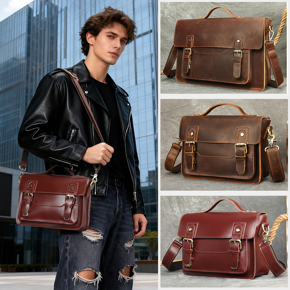 Túi da thật satchel nam phong cách retro, đựng tài liệu dung tích lớn, vừa laptop 15 inch — Cà phê (cỡ nhỏ)