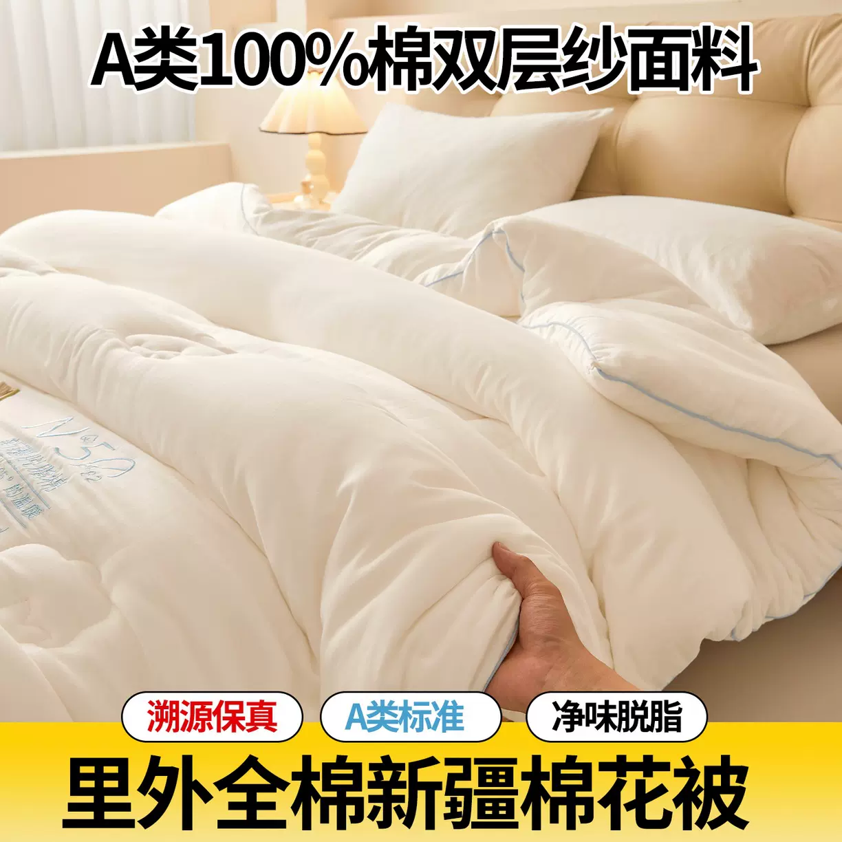 100%新疆棉花被子A类纯棉冬被脱脂棉里外全棉抗菌加厚保暖棉被芯
