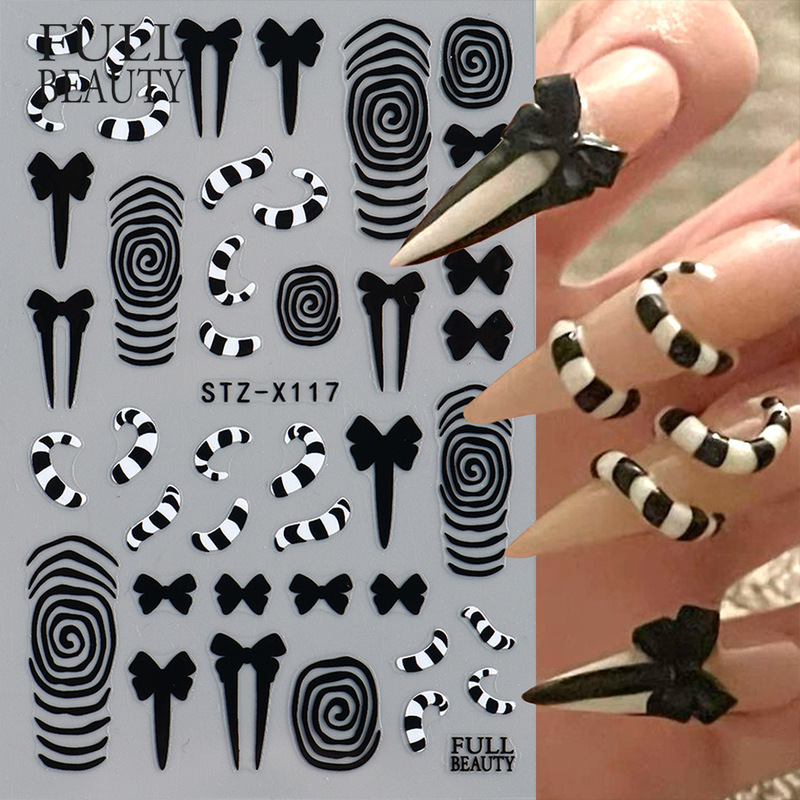 Cross-border new nail art stickers: Halloween black and white swirl, bow, candy, centipede, and eye designs for personalized nail art