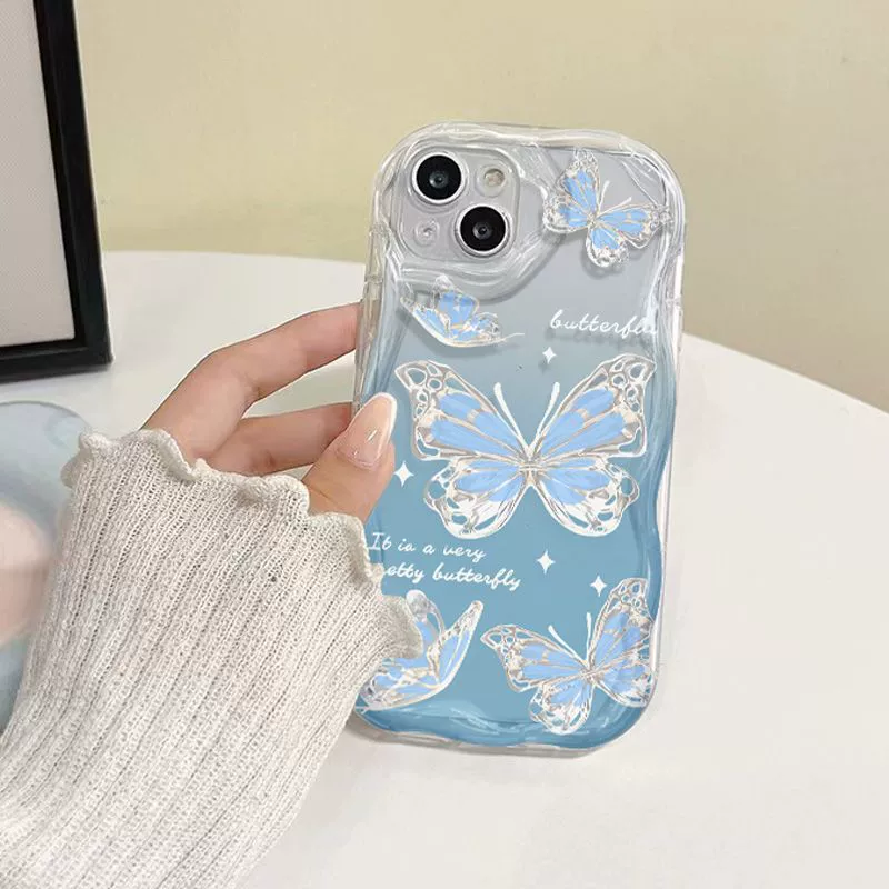 Чехол для iPhone (Apple) 7–15 Pro Max, голубая блестящая бабочка, прозрачный ТПУ