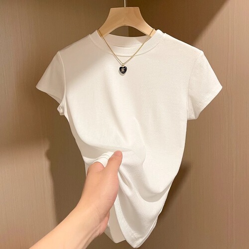 Fashion Casual Shoulder Short Sleeve T-Shirt Women Summer White Commuting Versatile Simple Slimming Round Neck Top Women 