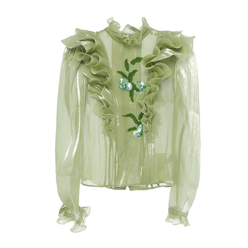 Designer Niche Brand Lace Shirt 2026 Spring New Style Stylish Light Luxury Hand-Beaded Ruffle Top