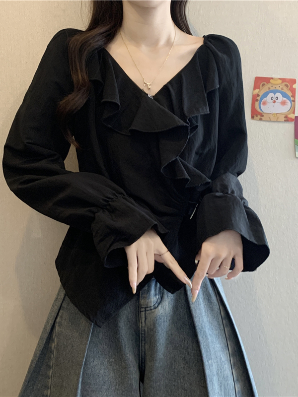 荷叶边V领长袖衬衫女秋季大码胖mm显瘦设计感系带收腰短款小上衣|undefined