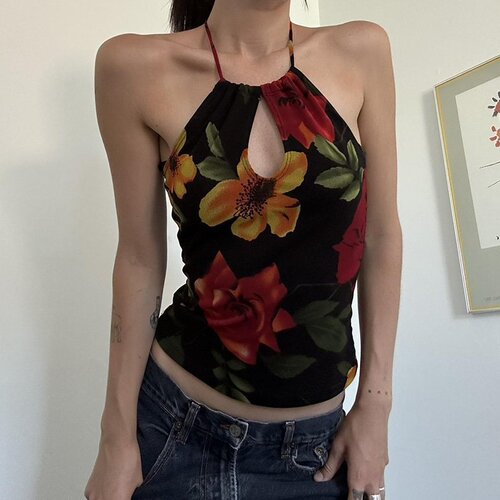 Women's V-Neck Top with Unconventional Design, Spring and Summer, High-End, Shoulder Strap, Fitted, Floral Print, French Retro Style