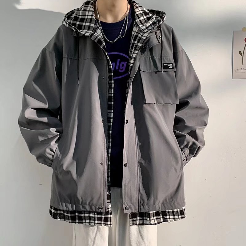 Chaqueta de herramientas para hombres otoño e invierno 2024 nueva marca de moda coreana casual falsa chaqueta de dos piezas para niños más chaqueta de terciopelo