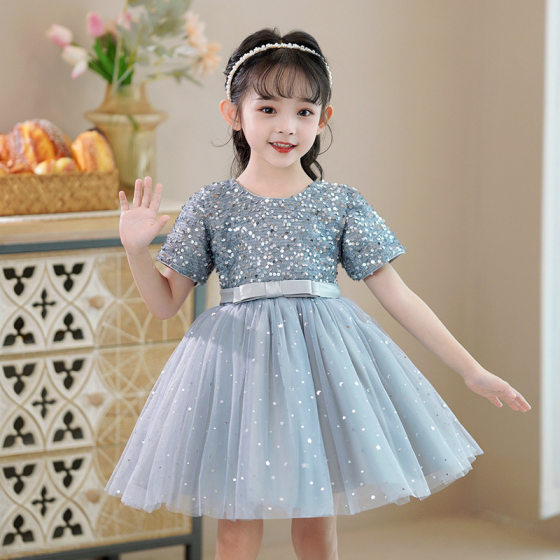 Girl's Dress Summer Flower Children's New Sequin Poncho Princess Dress Girl's Catwalk Piano Performance Dress