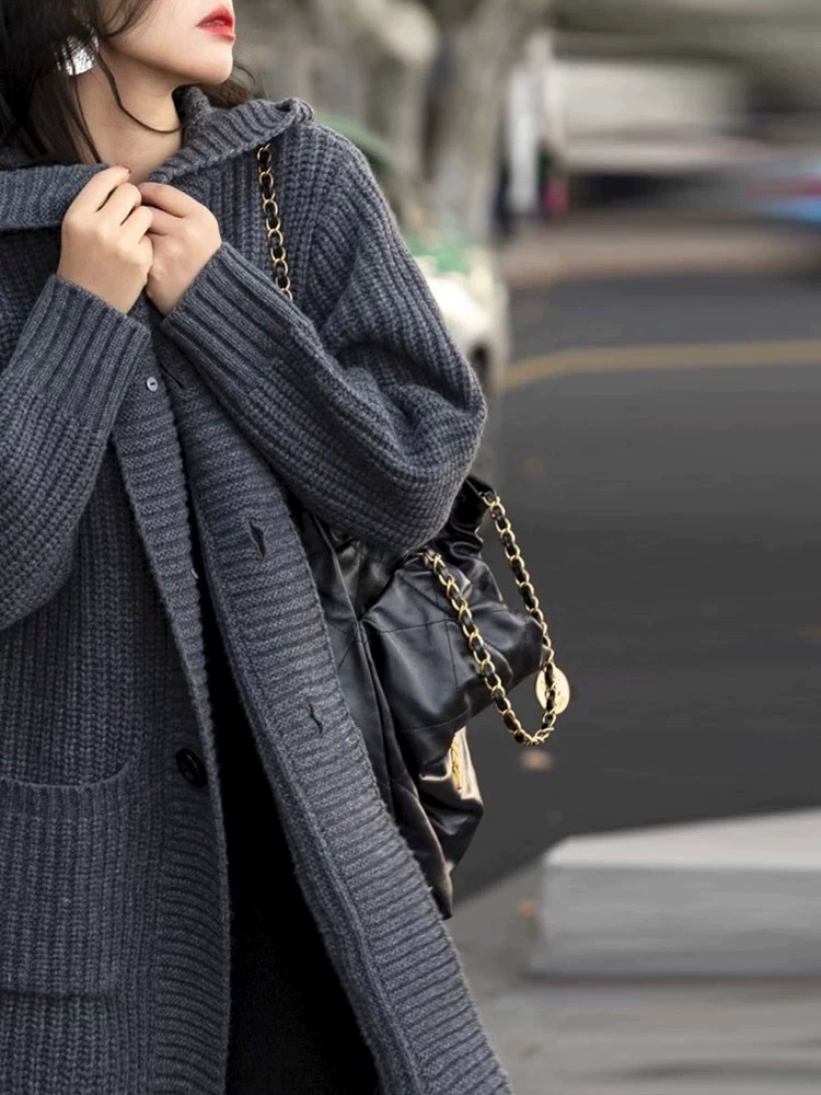 Demi-season woolen long long-sleeve with hood, cardigan, 2023, Korean style, with sleeve, mid-length