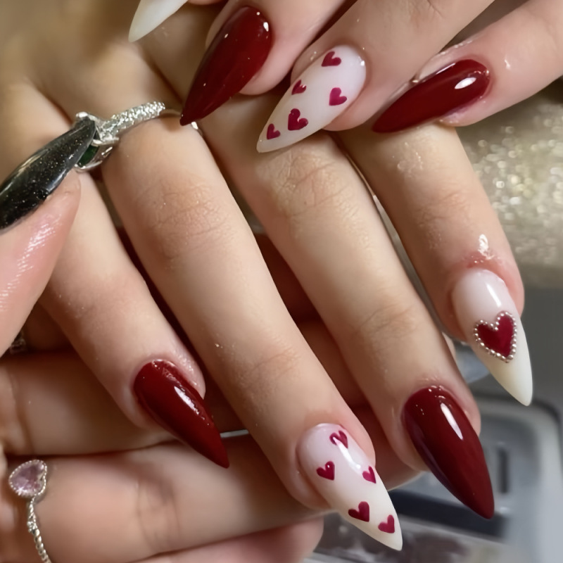 Cross-Border Best-Selling Valentine's Day Style Red Heart 3D Silver Bead Embellished Design Burgundy Fake Nails Fashionable Wearable Nails