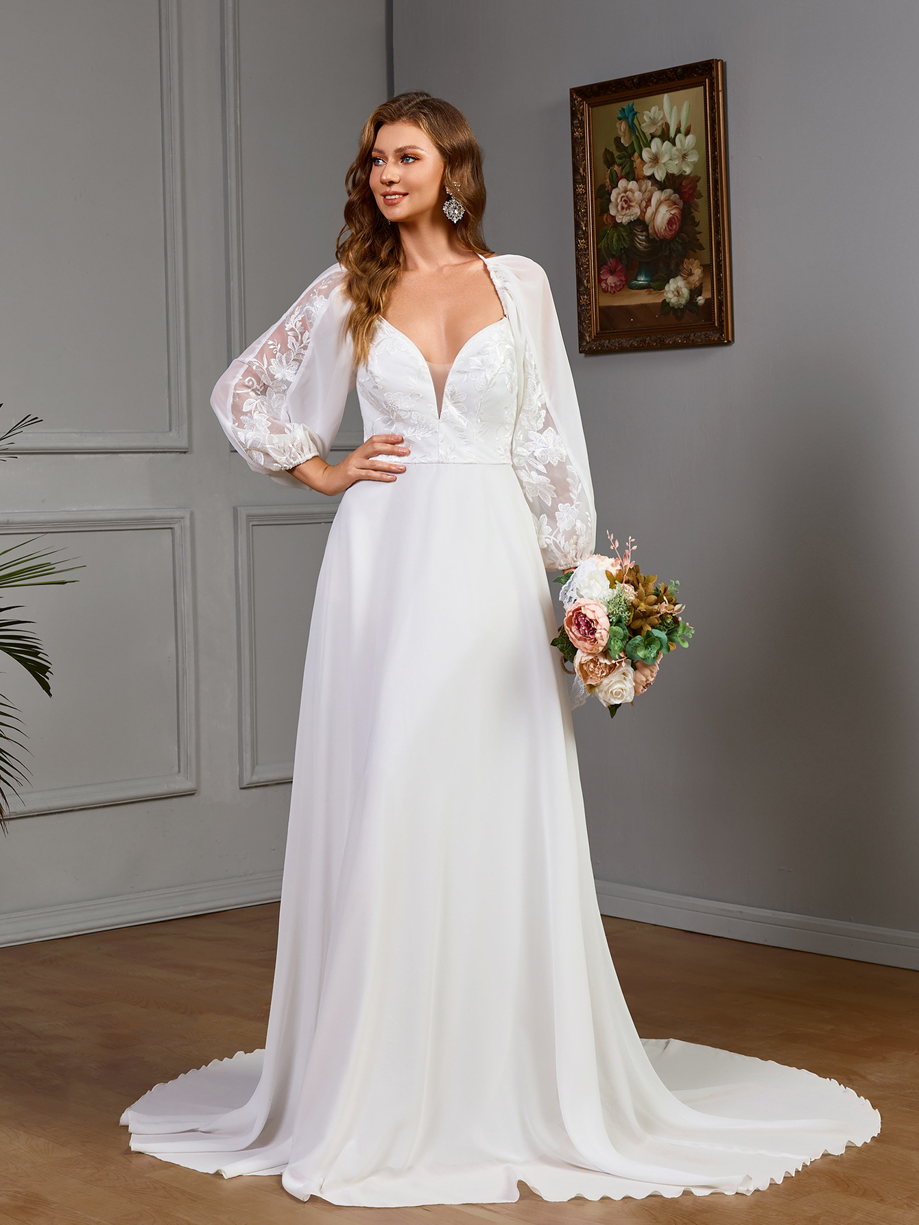 Europa y Estados Unidos comercio exterior transfronterizo ropa de mujer Amazon manga larga sexy vestido de boda de cuello en V encaje empalme cola image 2