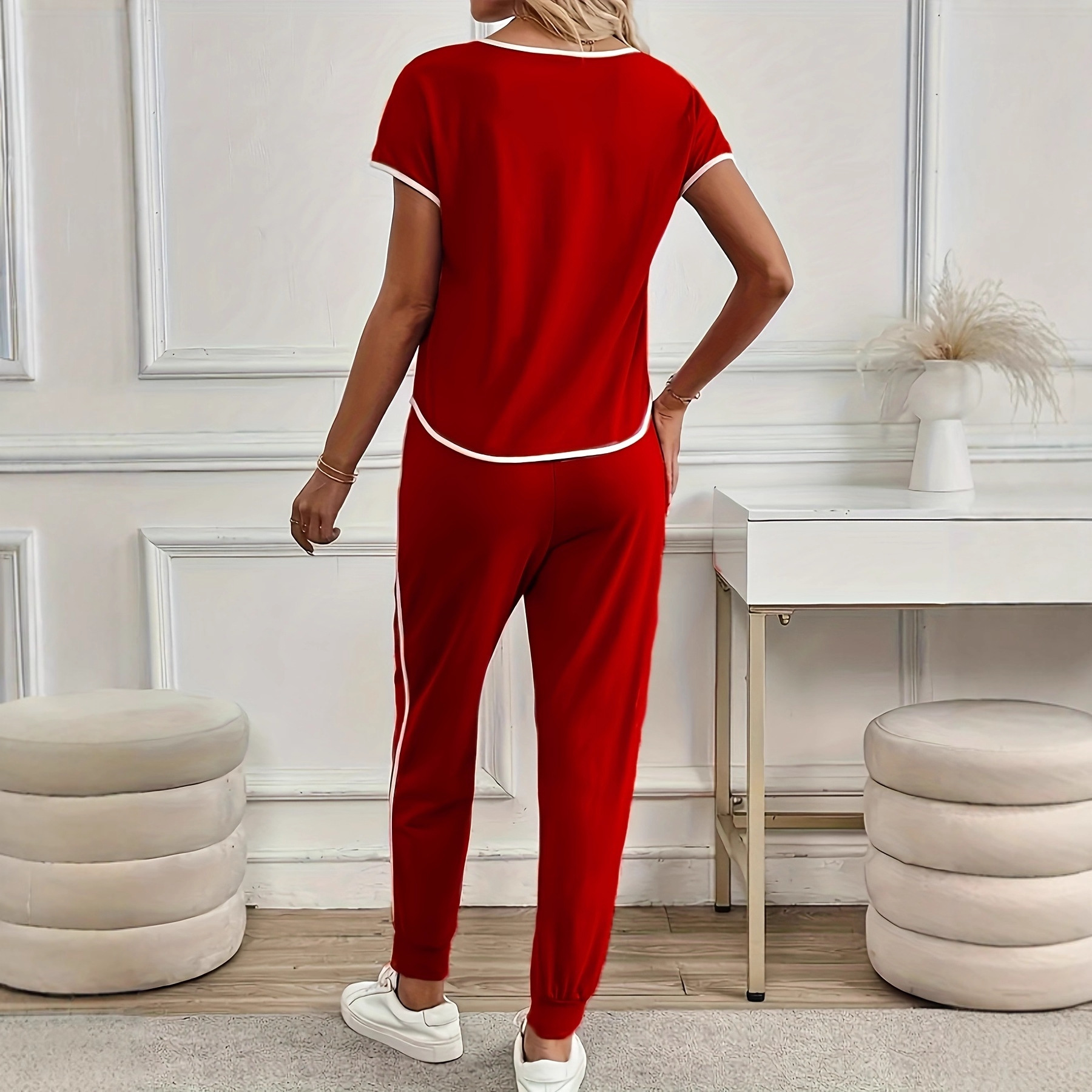 Damen-Freizeitanzug mit Farbblock-Besatz im europäischen/amerikanischen Stil, schlichte, lockere Passform, Kurzarm, Frühling, Sommer, Herbst, Neu_voghion.com