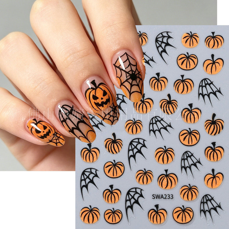 Cross-Border New Halloween Pumpkin Ghost Nail Stickers Cute Ghost Fire Spider Web Ghost Nail Decals