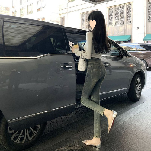 Retro high-waisted skinny jeans for women—new autumn/winter wash-effect, distressed, slimming pencil pants with stretch.