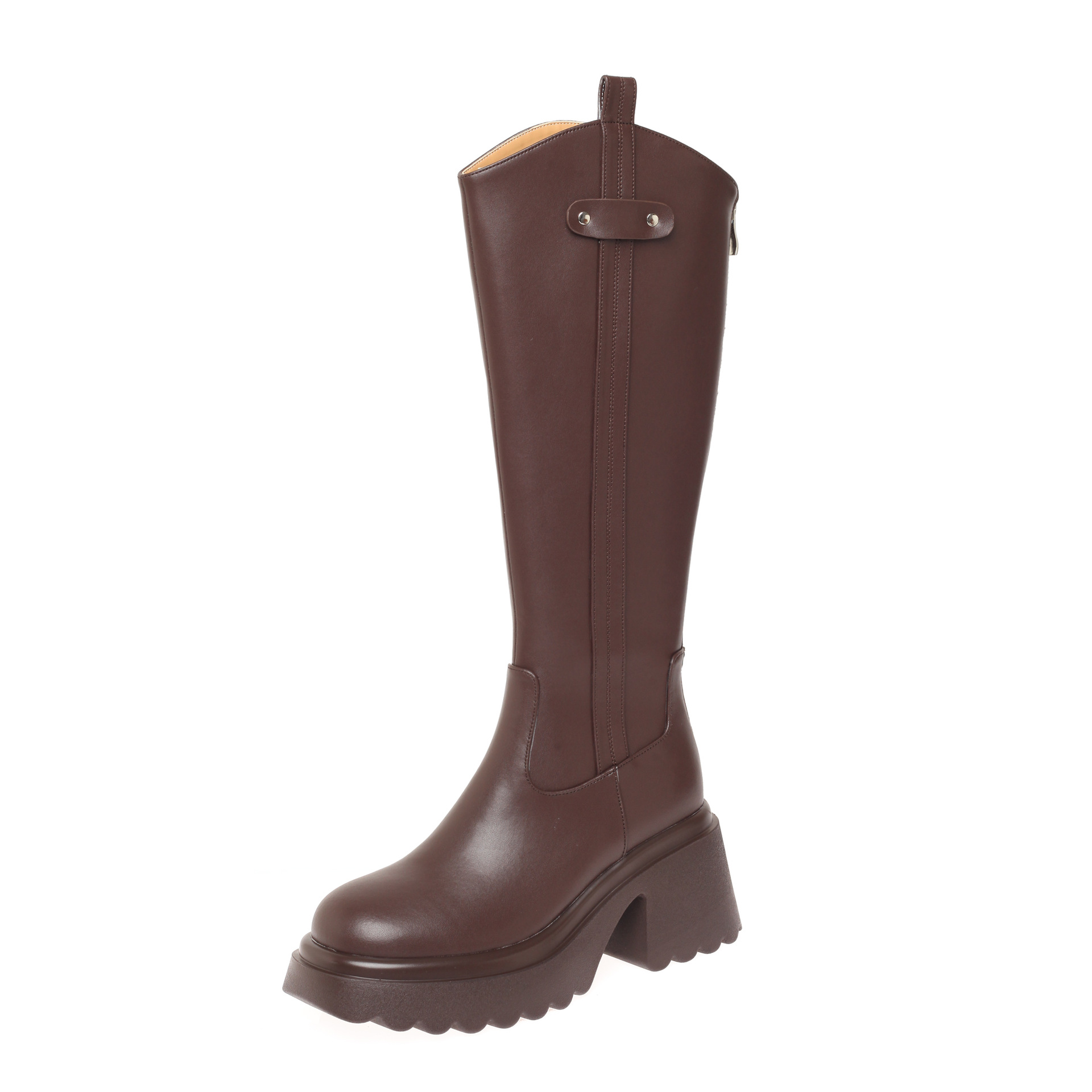 Boot nữ cổ cao ôm bắp chân đế dày gót thấp da thật mùa thu đông — Lớp lót nhung ống lớn màu nâu, Màu nâu cộng với lớp lót đơn lớn, Màu nâu cộng với lớp lót nhung lớn, Lớp lót nhung ống lớn màu đen