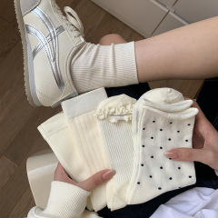 秋季新品女士中筒袜纯色月子堆堆袜波点花边学生四季袜miu长筒袜