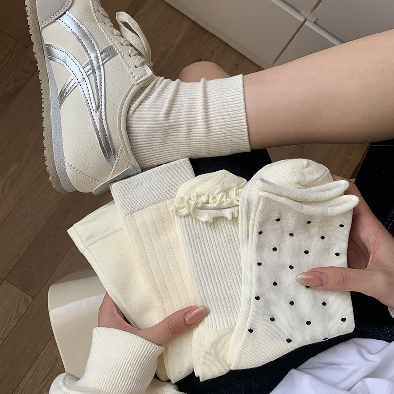秋季新品女士中筒袜纯色月子堆堆袜波点花边学生四季袜miu长筒袜|undefined