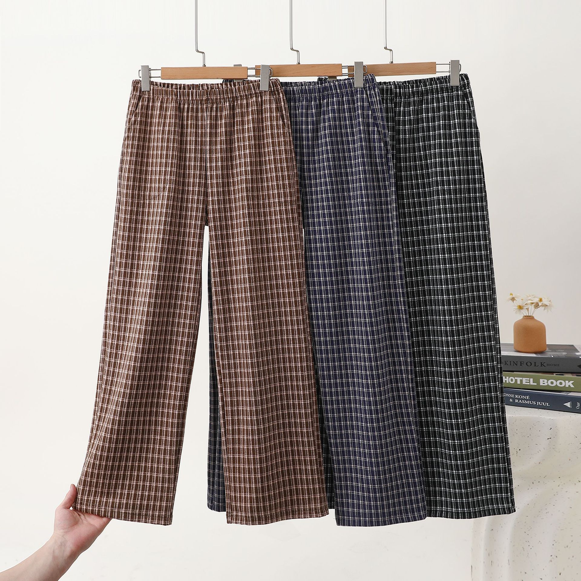 休闲方格家居阔腿裤女秋冬新款宽松显瘦可外穿高腰直筒九分裤