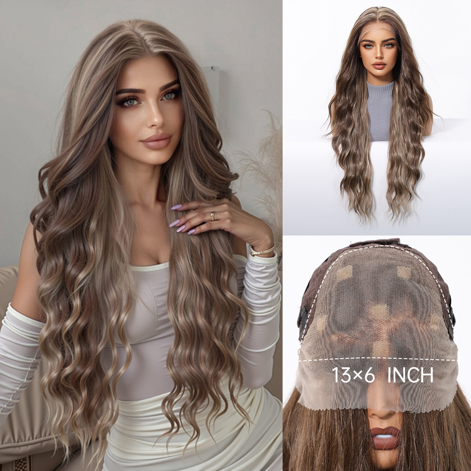 Área grande transfronteriza 13*6 peluca de encaje de seda importada para mujer, costura aleatoria, color marrón oscuro, cabello largo y rizado en stock