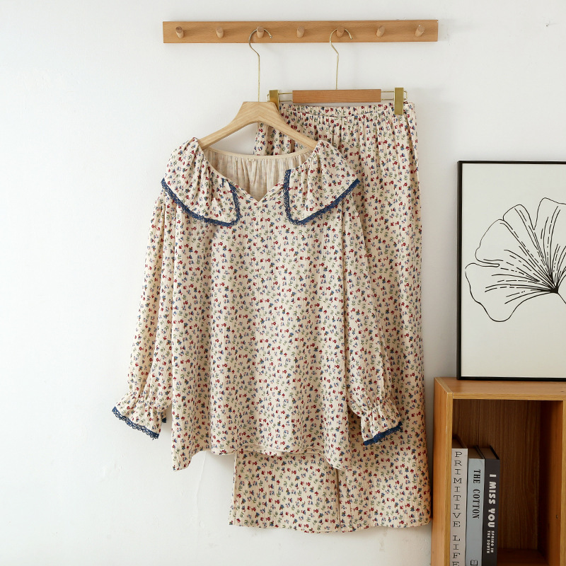 New crepe cotton yarn ruffle collar lace small floral pajamas home wear age-reducing long-sleeved trousers suit