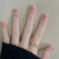 網紅簡約法式漸變爆閃蝴蝶美甲片穿戴甲短款指甲片假指甲成品