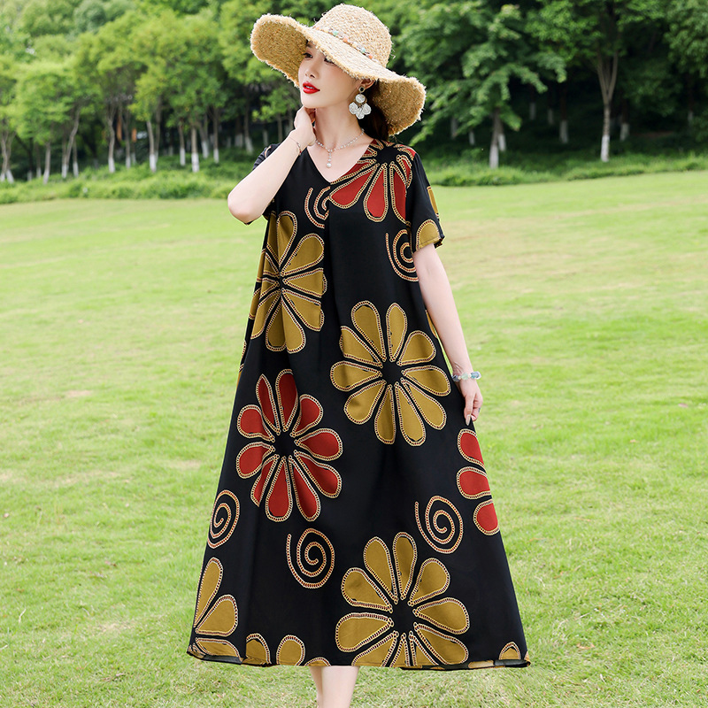 2025 New Summer Cotton Silk Dress for Middle-Aged and Elderly Mothers, Women's Long Plus Size Loose Skirt