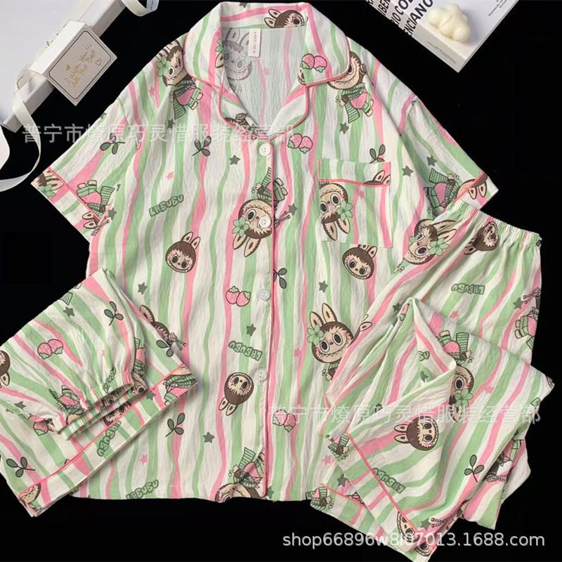 Hermosos pijamas de tela de rabu mujeres primavera y otoño verano nubes de algodón dulce mangas cortas pantalones cortos de tres piezas ropa para el hogar