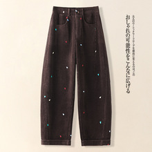 刺绣桃心图阔腿裤2025秋冬新款松紧腰时尚百搭休闲高腰休闲九分裤