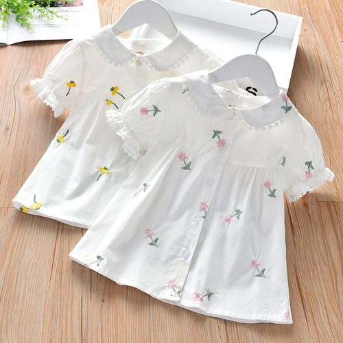 Baby Girl's Shirt 2025 Summer Wear Korean Style Embroidered Short Sleeve Top for Girls Fashion Baby White Blouse