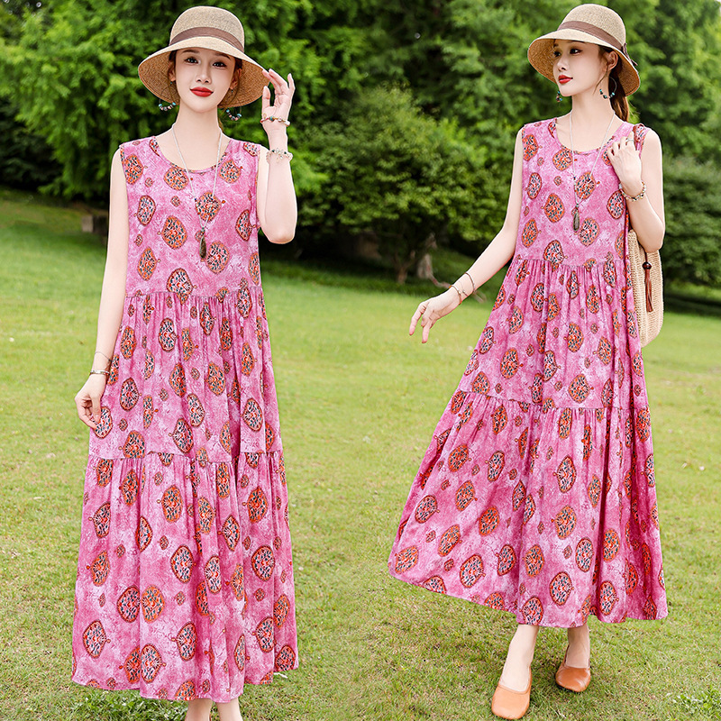 French Fashion Dress for Women Summer 2025 New Loose Large Size Extra Long Cotton Silk Floral Vest Skirt