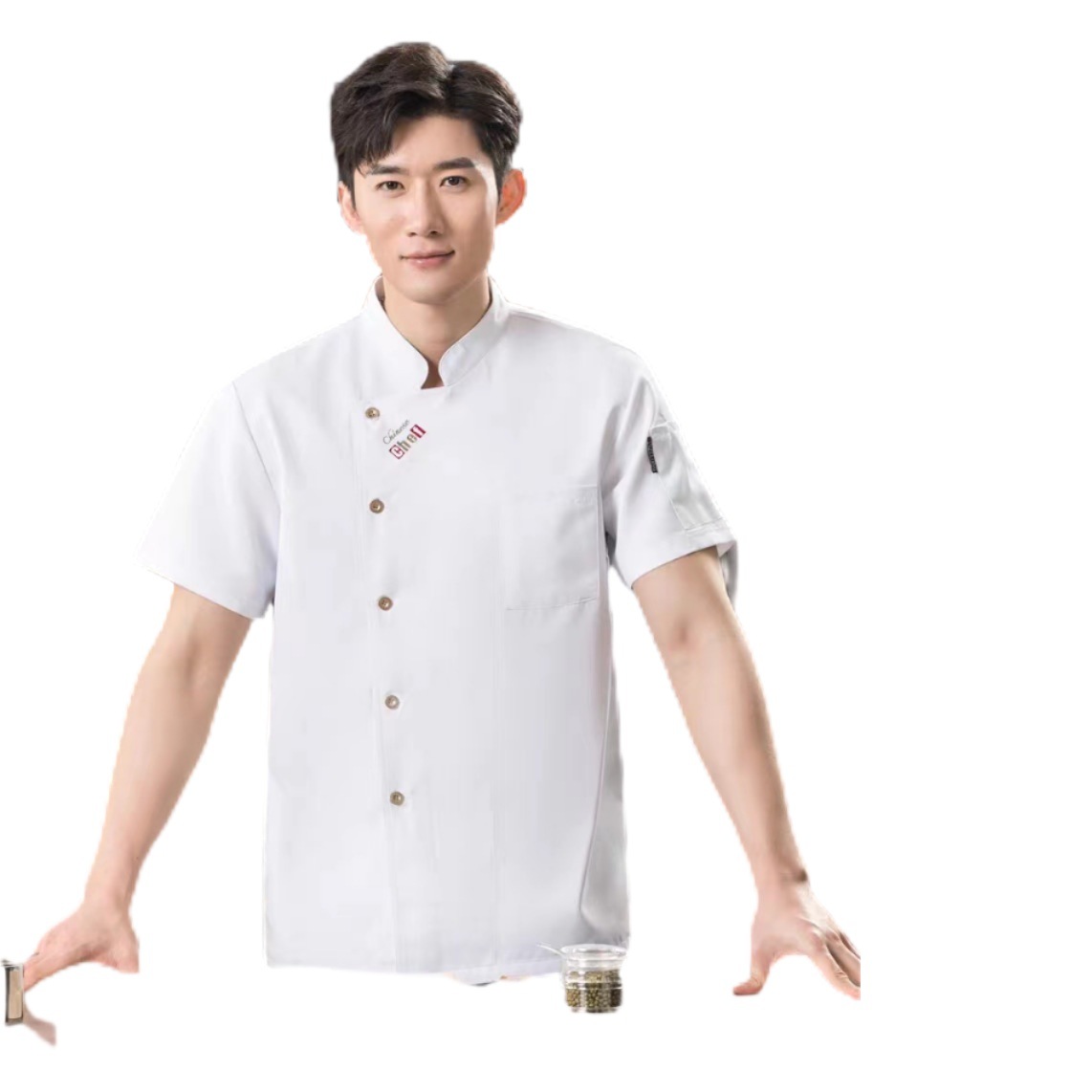 Uniforme de Chef de Manga Corta para Verano, Ropa de Trabajo para Catering, Hotel, Restaurante, Cocina, Cantina, Repostería, Transpirable, Personalizable con Impresión.