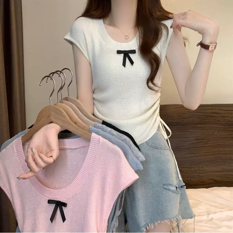 上衣女新款显瘦修身两侧抽绳短袖夏季甜美纯欲蝴蝶结圆领针织衫