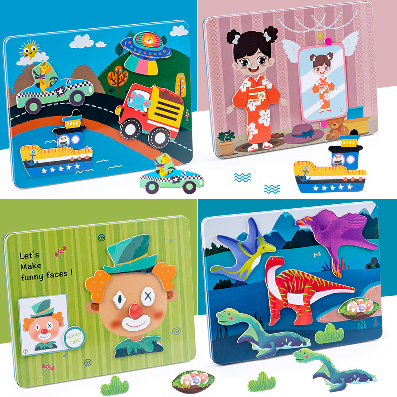 Rompecabezas magnético educativo para niños Ilustración magnética del bebé de los niños Educación temprana Rompecabezas de caja de hierro magnético de madera borrable