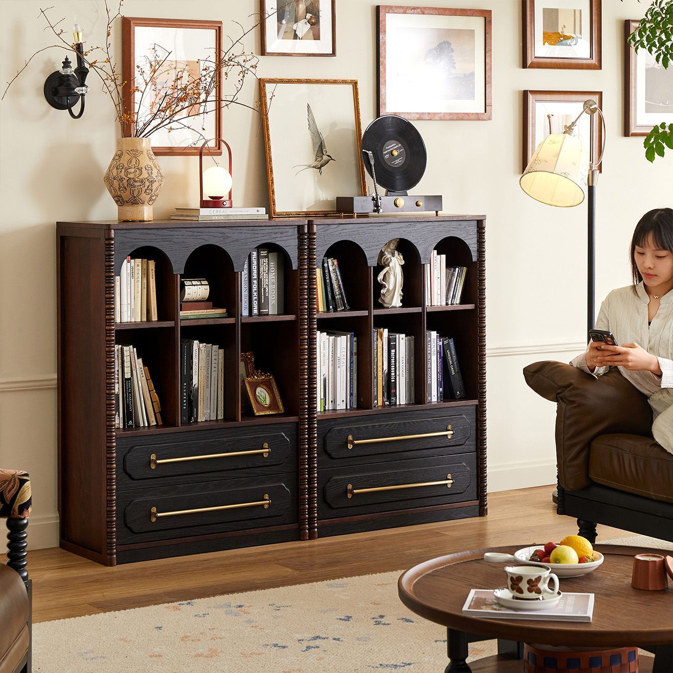 法式复古实木小户型客厅家用多层收纳储物柜中古风书架展示柜落地