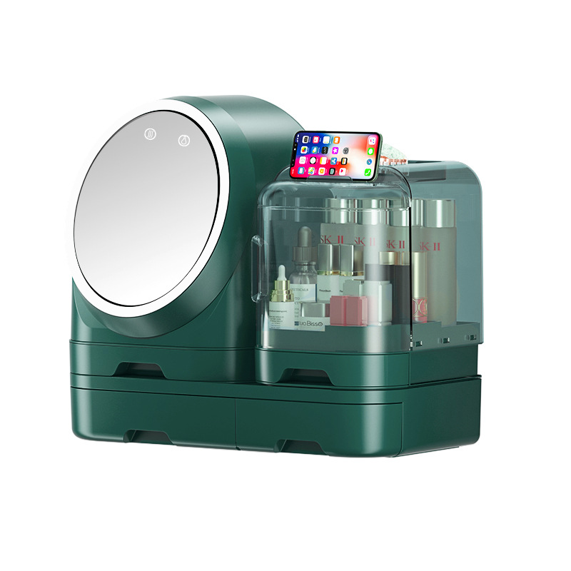 Caja de Almacenamiento para Cosméticos de Alta Gama, con Espejo y Ventilador Multifuncional a Prueba de Polvo