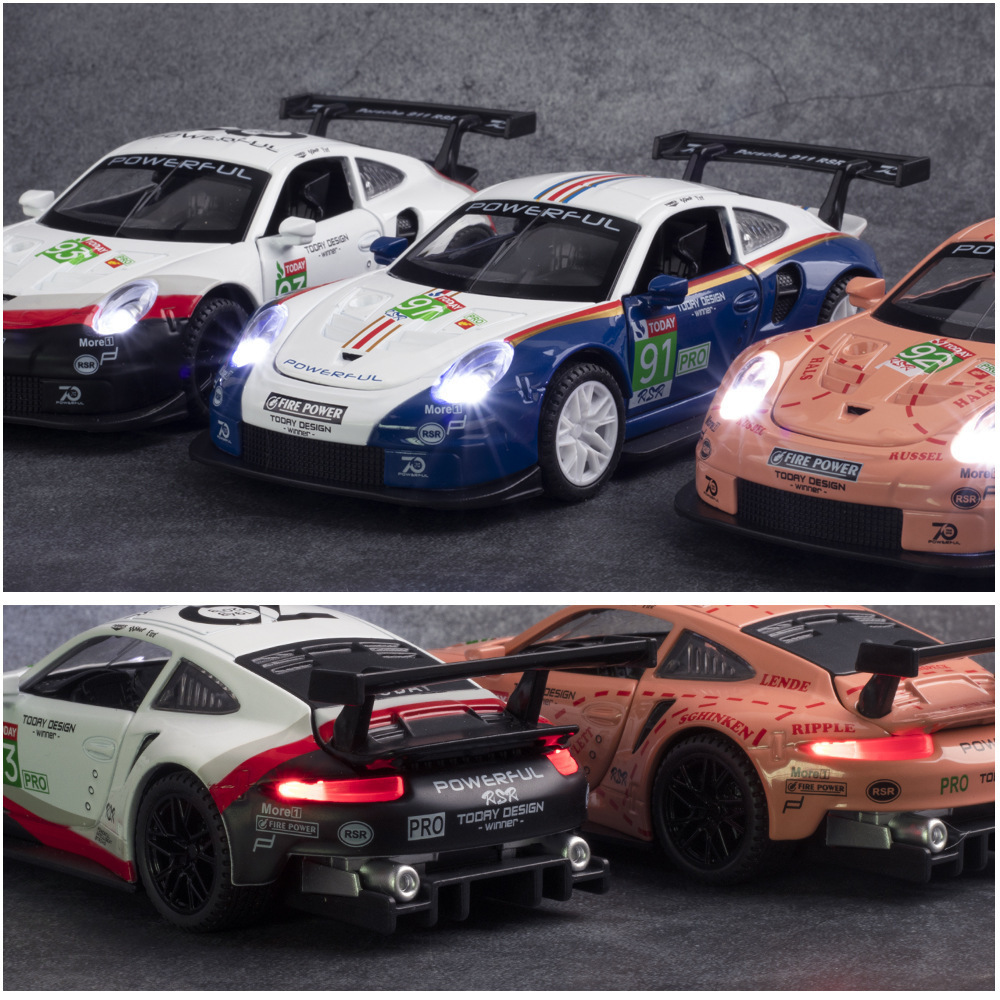 Nuevo modelo de coche de aleación Haodi 1:32 Porsche 911 versión de pista RSR tire del coche de juguete modelo de música adornos