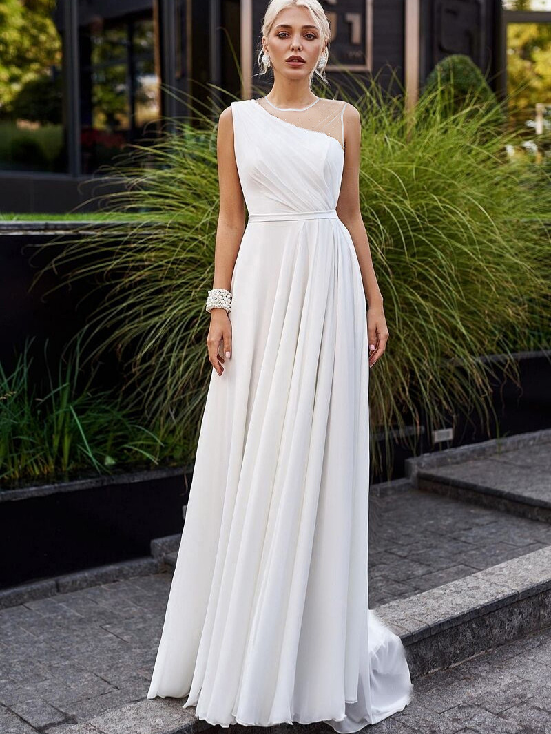 2025 nuevo vestido de novia de doble hombro blanco de cuello redondo de chiffon francés vestido de novia de cola pequeña image 1