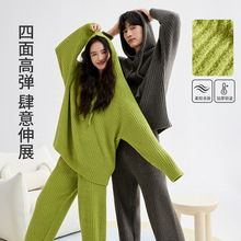 秋冬季加厚睡衣女连帽半边绒坑条保暖情侣居家睡衣半边绒家居服