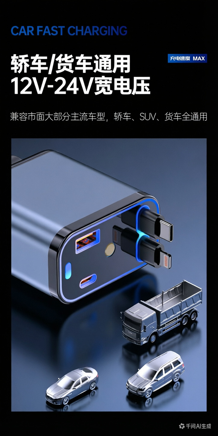 Starry Sky Light Car Charger 120W Digital Display 4-in-1 Retractable Cable Car Charger Aluminum Alloy Fast Charging Flash Charging