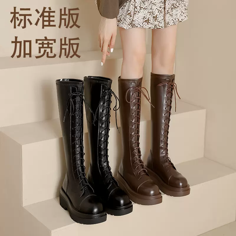 厂家直销长筒靴加宽2024秋冬新款不过膝绑带弹力长靴女厚底骑士靴