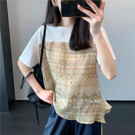 文艺范~超好看时尚花色双材质拼接下摆飘带设计感圆领短袖t恤女夏