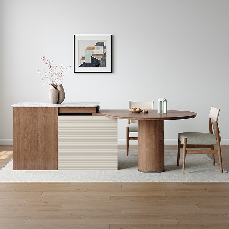 Mesa de mesa de mesa de mesa de mesa de isla todo en uno, mármol retráctil para el hogar, grano de madera de nogal negro, lujo ligero, sensación de alta gama, mesa de comedor caída