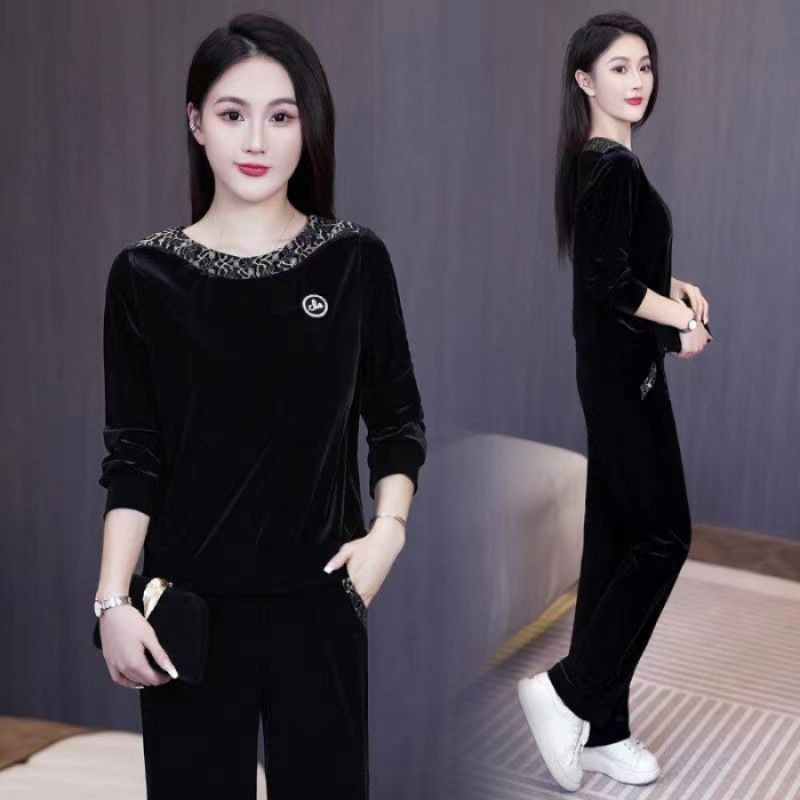 金丝绒刺绣套装女2025秋季新款洋气显瘦圆领套头休闲直筒裤两件套|undefined