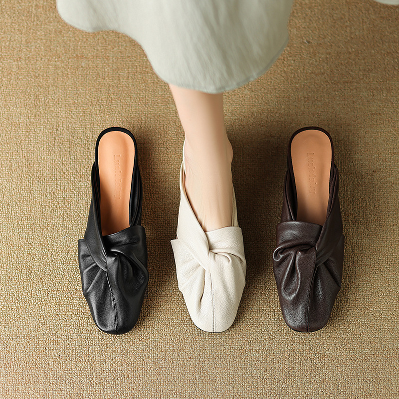 Kmeizu French Suede Slippers Women's Summer Designer Niche Half Slippers Leather Muller Shoes Low Heel Sandals