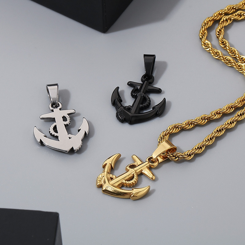 Collier ancre et croix rétro pour homme en acier inoxydable_voghion.com