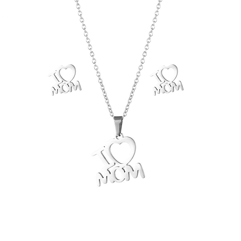 Simple Creative Letter I Love Mama Pendant Stainless Steel Necklace Earrings
