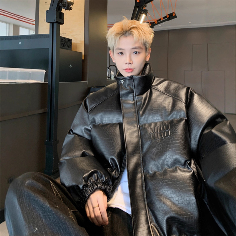 Winter American Retro Couple down Jacket Crocodile Pattern Pu Leather Loose Thick Stylish Washable Coat for Men