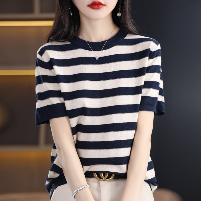 Colorblock Striped Short-Sleeved T-Shirt Women's New Modal Short-Sleeved Stylishness Base Round Neck Sweater Top for Summer